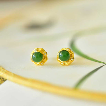 925 Silver Inlaid Hetian Green Nephrite "Stars Surrounding the Moon" Stud Earrings - jewelry - weilin.com