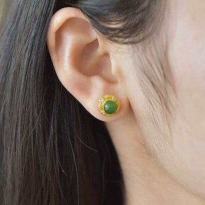 925 Silver Inlaid Hetian Green Nephrite "Stars Surrounding the Moon" Stud Earrings - jewelry - weilin.com