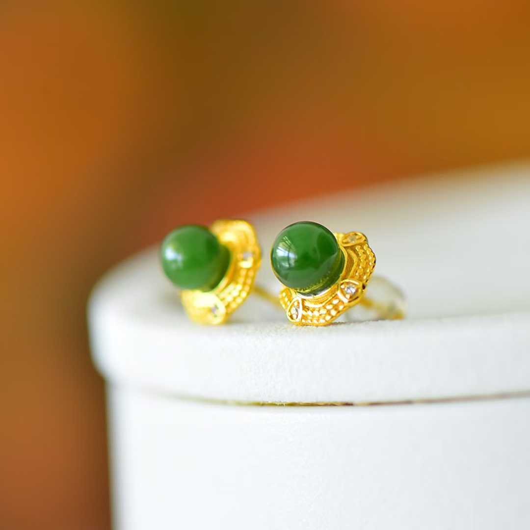 925 Silver Inlaid Hetian Green Nephrite "Stars Surrounding the Moon" Stud Earrings - jewelry - weilin.com