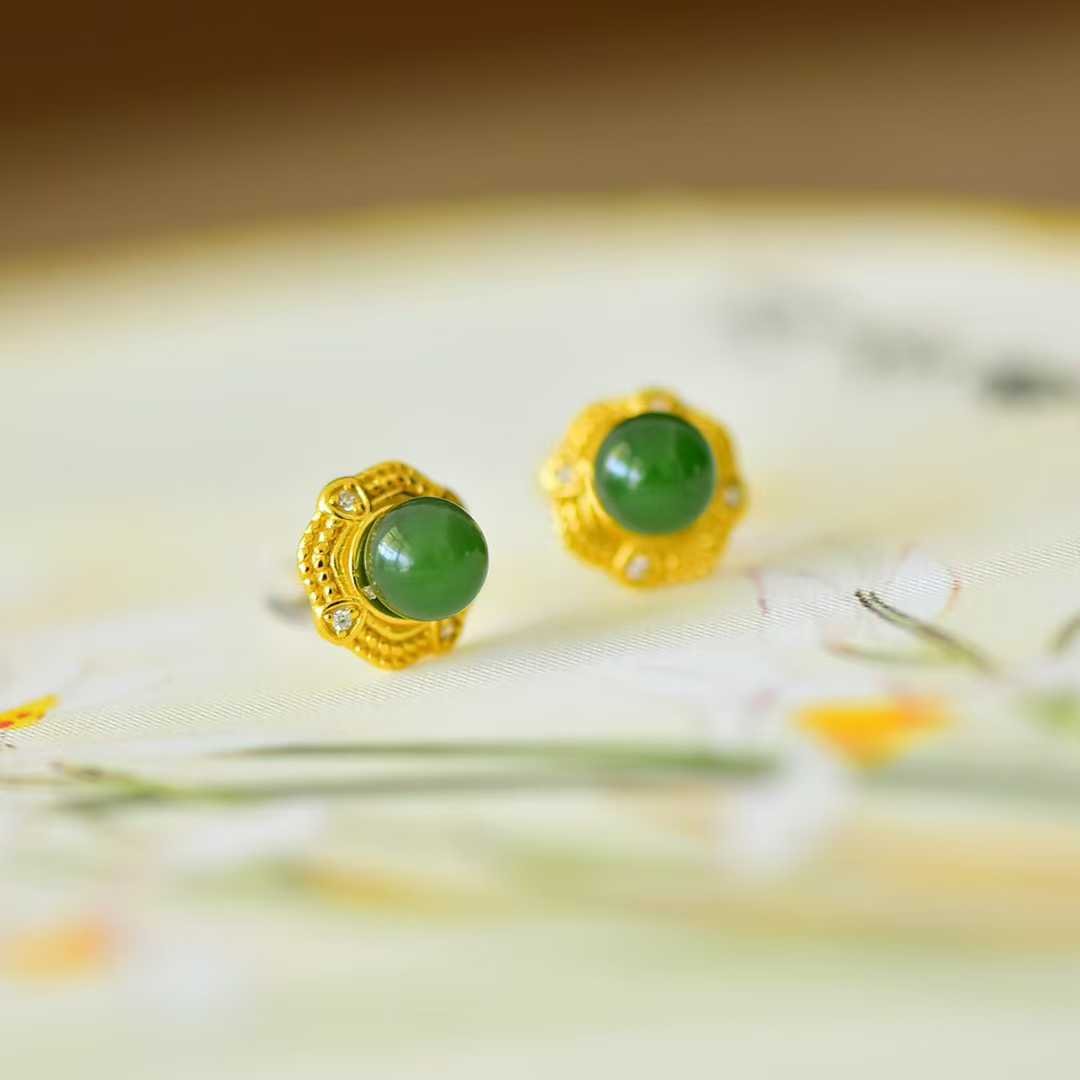 925 Silver Inlaid Hetian Green Nephrite "Stars Surrounding the Moon" Stud Earrings - jewelry - weilin.com