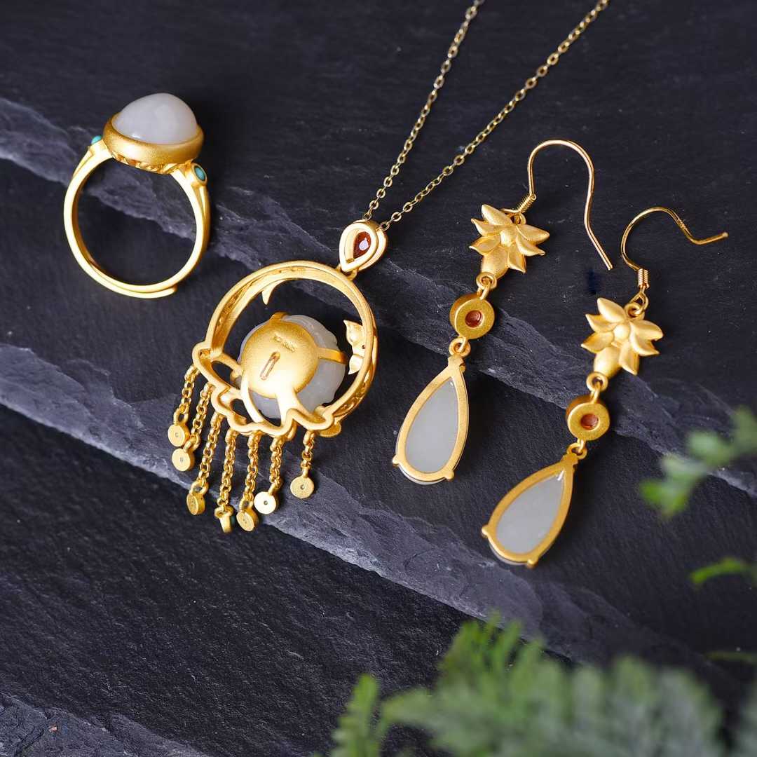 925 Silver Inlaid Hetian Jade and Enamel Set - jewelry - weilin.com