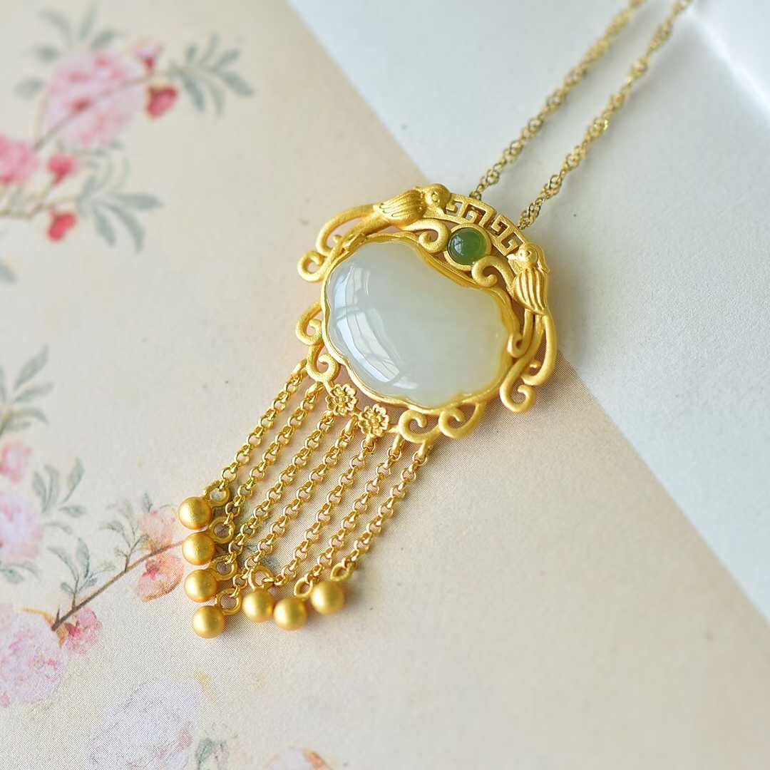 925 Silver - Inlaid Hetian Jade Baby Lock Pendant - jewelry - weilin.com