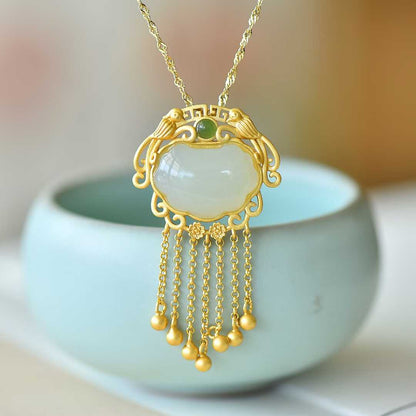 925 Silver - Inlaid Hetian Jade Baby Lock Pendant - jewelry - weilin.com