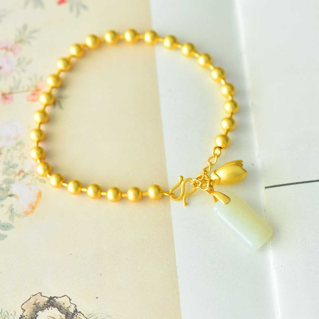 925 Silver - Inlaid Hetian Jade Bracelet with Rectangular Double - Drum & Plain Silver Beads - jewelry - weilin.com