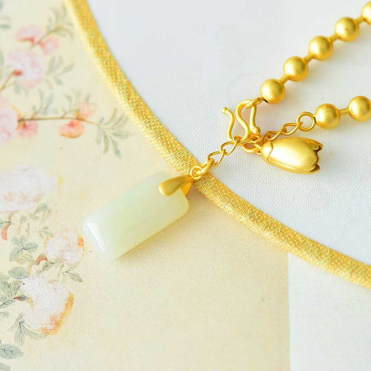 925 Silver - Inlaid Hetian Jade Bracelet with Rectangular Double - Drum & Plain Silver Beads - jewelry - weilin.com