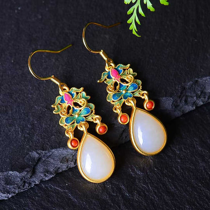 925 Silver Inlaid Hetian Jade Cabochon and Enamel Teardrop Earrings - jewelry - weilin.com