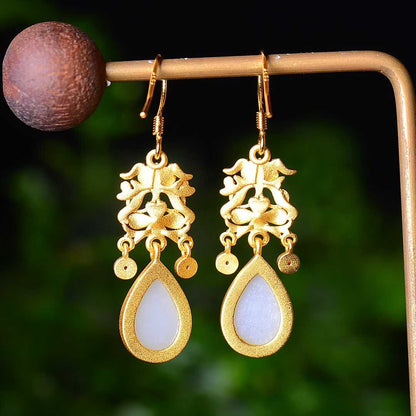 925 Silver Inlaid Hetian Jade Cabochon and Enamel Teardrop Earrings - jewelry - weilin.com