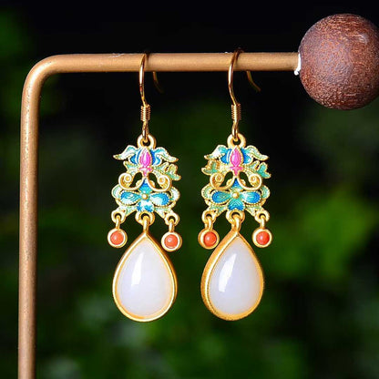925 Silver Inlaid Hetian Jade Cabochon and Enamel Teardrop Earrings - jewelry - weilin.com