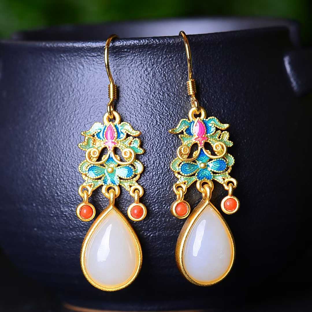 925 Silver Inlaid Hetian Jade Cabochon and Enamel Teardrop Earrings - jewelry - weilin.com