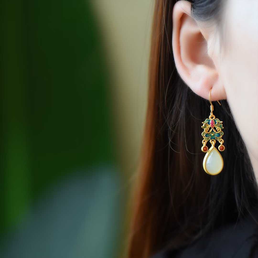 925 Silver Inlaid Hetian Jade Cabochon and Enamel Teardrop Earrings - jewelry - weilin.com