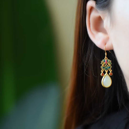 925 Silver Inlaid Hetian Jade Cabochon and Enamel Teardrop Earrings - jewelry - weilin.com