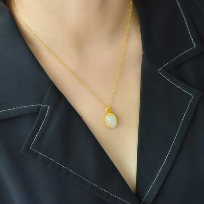 925 Silver - Inlaid Hetian Jade Cabochon Plain Silver Pendant - jewelry - weilin.com