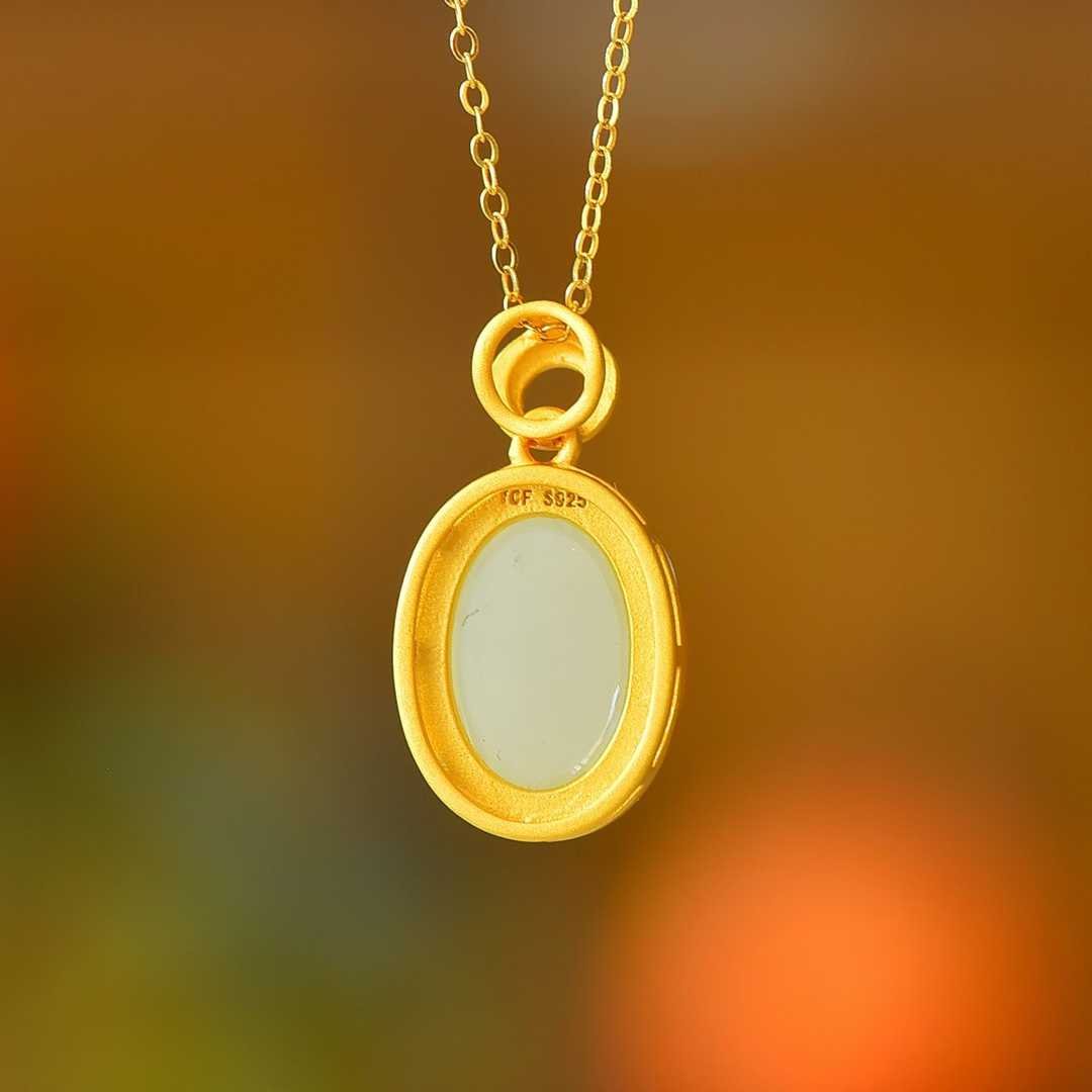 925 Silver - Inlaid Hetian Jade Cabochon Plain Silver Pendant - jewelry - weilin.com