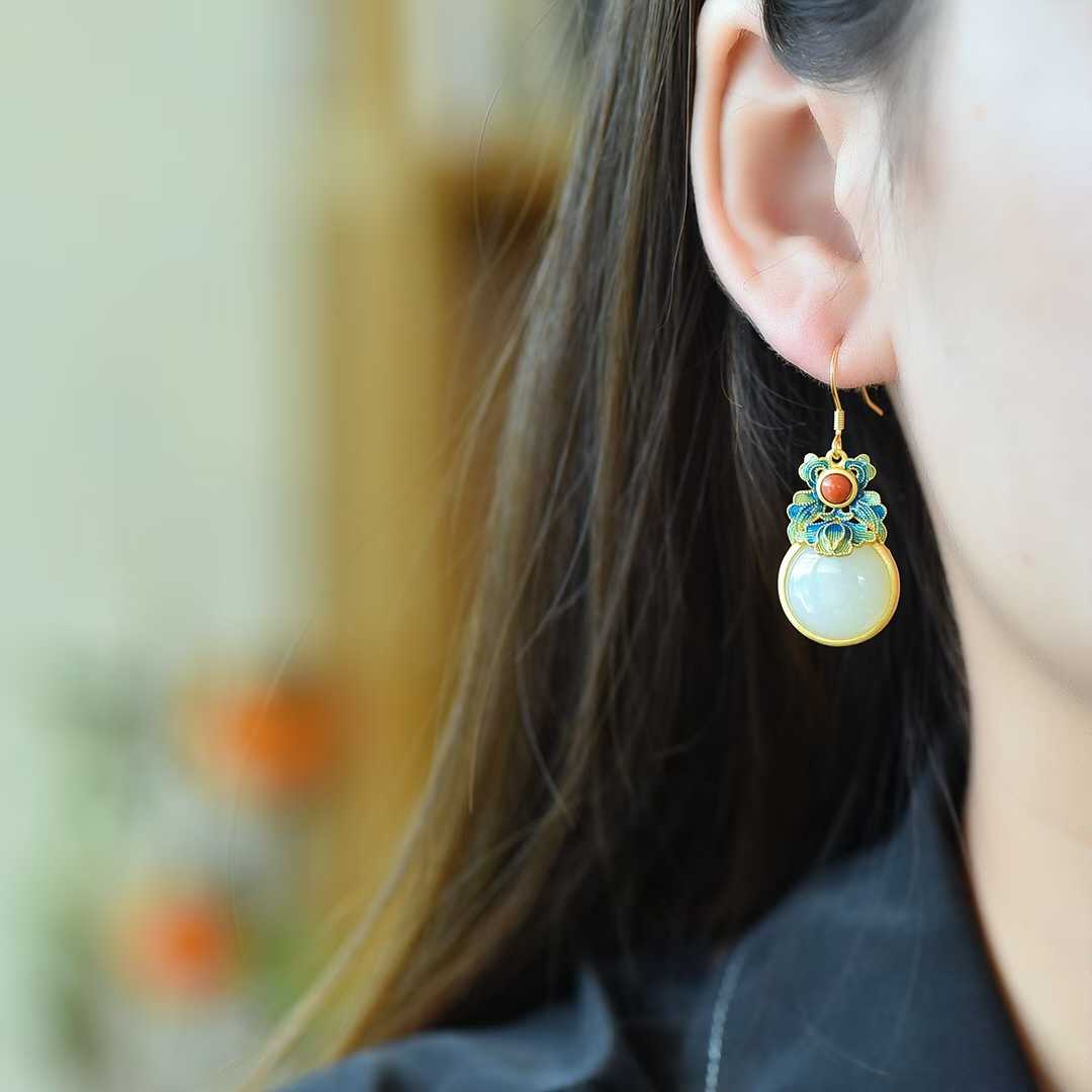 925 Silver - Inlaid Hetian Jade Enamel Earrings - jewelry - weilin.com