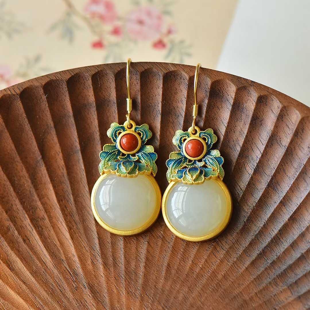 925 Silver - Inlaid Hetian Jade Enamel Earrings - jewelry - weilin.com
