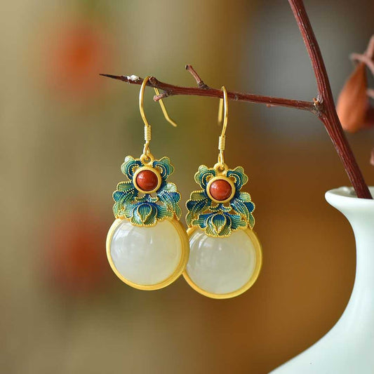 925 Silver - Inlaid Hetian Jade Enamel Earrings - jewelry - weilin.com