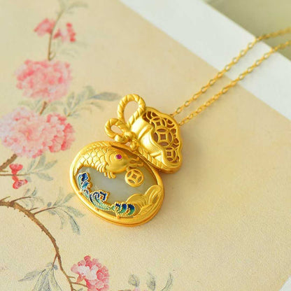 925 Silver - Inlaid Hetian Jade Enamel Pendant with "Money Bag for Wealth" & "Water for Fortune Turnaround" Design - jewelry - weilin.com