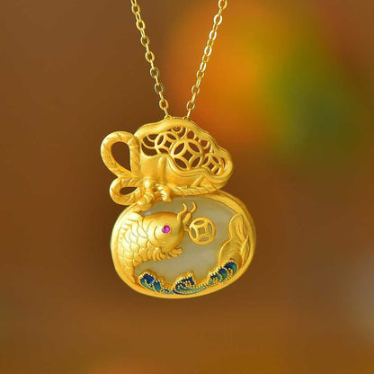925 Silver - Inlaid Hetian Jade Enamel Pendant with "Money Bag for Wealth" & "Water for Fortune Turnaround" Design - jewelry - weilin.com