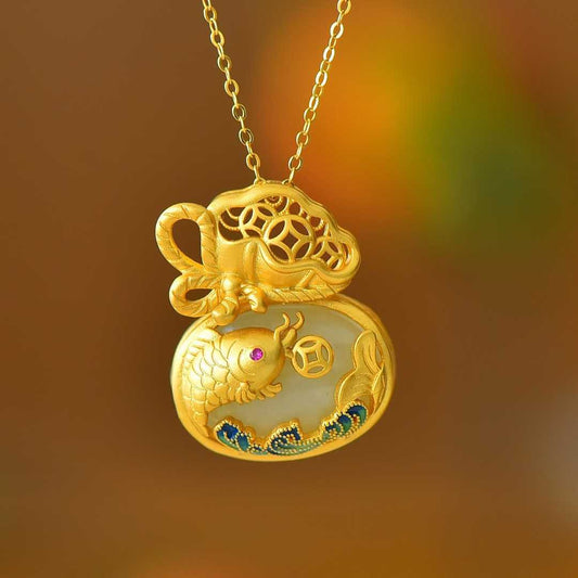 925 Silver - Inlaid Hetian Jade Enamel Pendant with "Money Bag for Wealth" & "Water for Fortune Turnaround" Design - jewelry - weilin.com