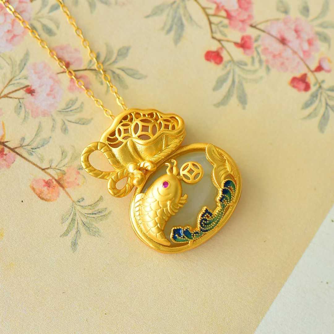 925 Silver - Inlaid Hetian Jade Enamel Pendant with "Money Bag for Wealth" & "Water for Fortune Turnaround" Design - jewelry - weilin.com
