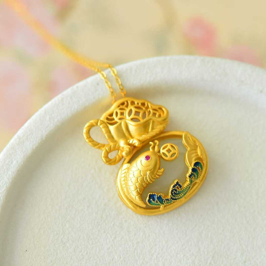 925 Silver - Inlaid Hetian Jade Enamel Pendant with "Money Bag for Wealth" & "Water for Fortune Turnaround" Design - jewelry - weilin.com