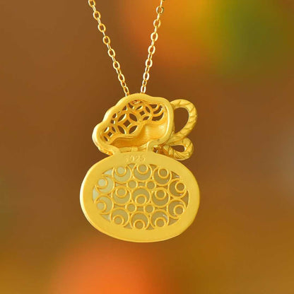925 Silver - Inlaid Hetian Jade Enamel Pendant with "Money Bag for Wealth" & "Water for Fortune Turnaround" Design - jewelry - weilin.com
