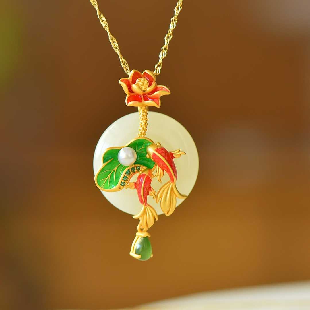 925 Silver - Inlaid Hetian Jade Enamel Pendant with "Ping'an Kou" (Peace Buckle) & "Two Fish Playing Among Lotus" Design - jewelry - weilin.com