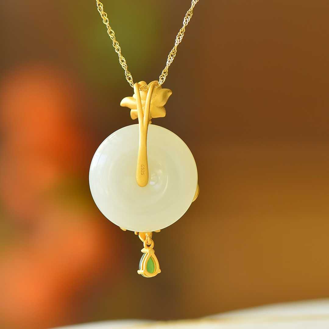 925 Silver - Inlaid Hetian Jade Enamel Pendant with "Ping'an Kou" (Peace Buckle) & "Two Fish Playing Among Lotus" Design - jewelry - weilin.com