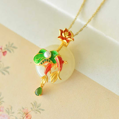 925 Silver - Inlaid Hetian Jade Enamel Pendant with "Ping'an Kou" (Peace Buckle) & "Two Fish Playing Among Lotus" Design - jewelry - weilin.com