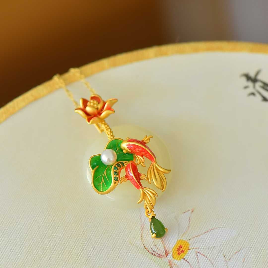 925 Silver - Inlaid Hetian Jade Enamel Pendant with "Ping'an Kou" (Peace Buckle) & "Two Fish Playing Among Lotus" Design - jewelry - weilin.com