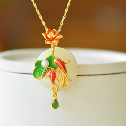 925 Silver - Inlaid Hetian Jade Enamel Pendant with "Ping'an Kou" (Peace Buckle) & "Two Fish Playing Among Lotus" Design - jewelry - weilin.com