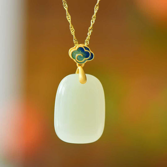 925 Silver - Inlaid Hetian Jade Enamel Pendant with "Ping'an Pai" (Peace Plaque) & "Ruyi" Design - jewelry - weilin.com