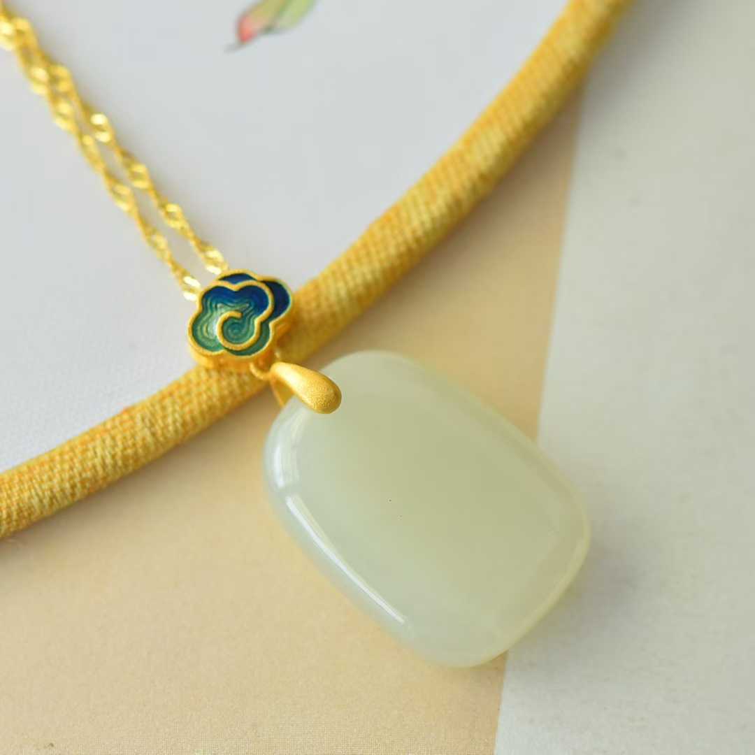 925 Silver - Inlaid Hetian Jade Enamel Pendant with "Ping'an Pai" (Peace Plaque) & "Ruyi" Design - jewelry - weilin.com