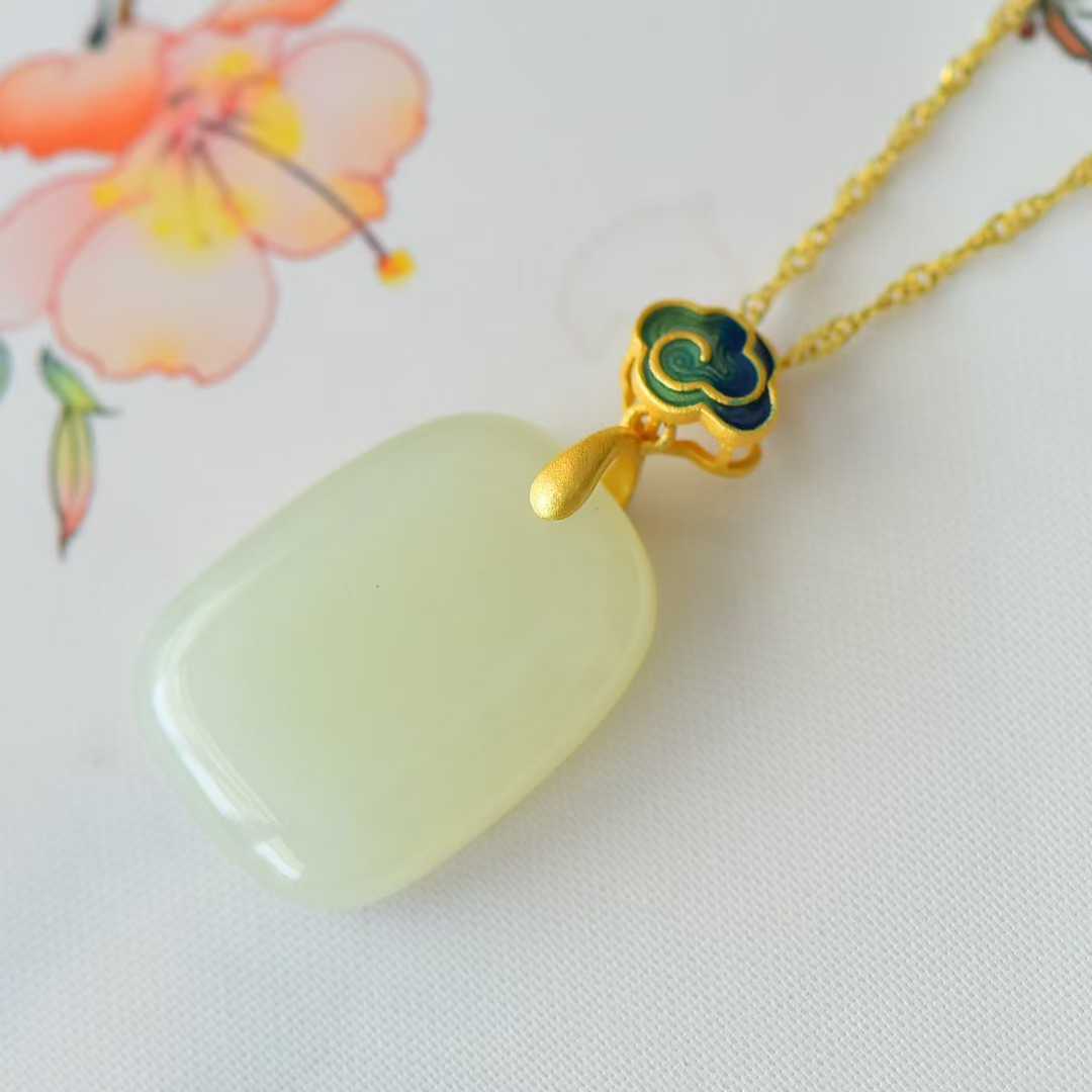 925 Silver - Inlaid Hetian Jade Enamel Pendant with "Ping'an Pai" (Peace Plaque) & "Ruyi" Design - jewelry - weilin.com