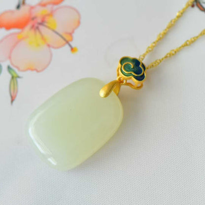 925 Silver - Inlaid Hetian Jade Enamel Pendant with "Ping'an Pai" (Peace Plaque) & "Ruyi" Design - jewelry - weilin.com