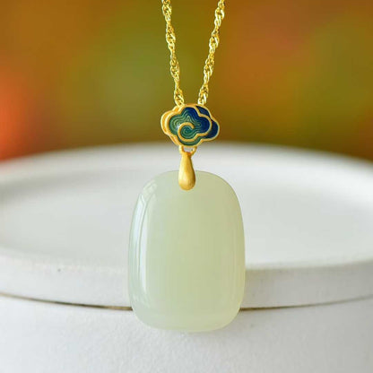 925 Silver - Inlaid Hetian Jade Enamel Pendant with "Ping'an Pai" (Peace Plaque) & "Ruyi" Design - jewelry - weilin.com