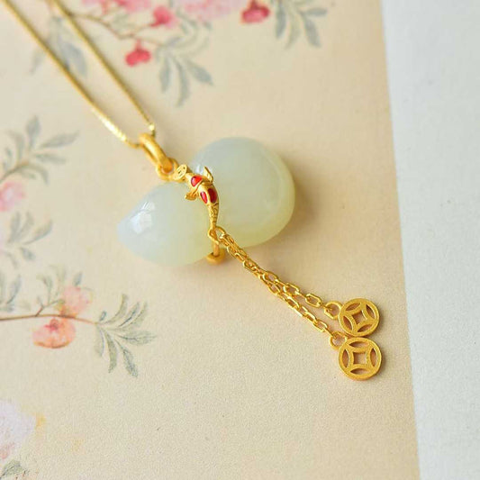 925 Silver - Inlaid Hetian Jade Pendant "Blessings, Prosperity & Abundance" - jewelry - weilin.com