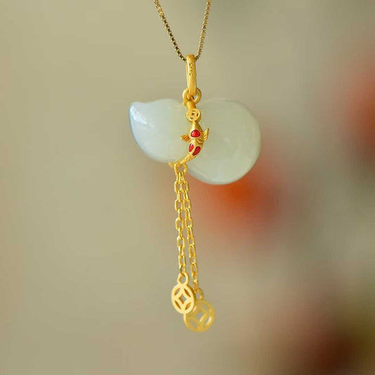 925 Silver - Inlaid Hetian Jade Pendant "Blessings, Prosperity & Abundance" - jewelry - weilin.com