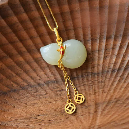 925 Silver - Inlaid Hetian Jade Pendant "Blessings, Prosperity & Abundance" - jewelry - weilin.com