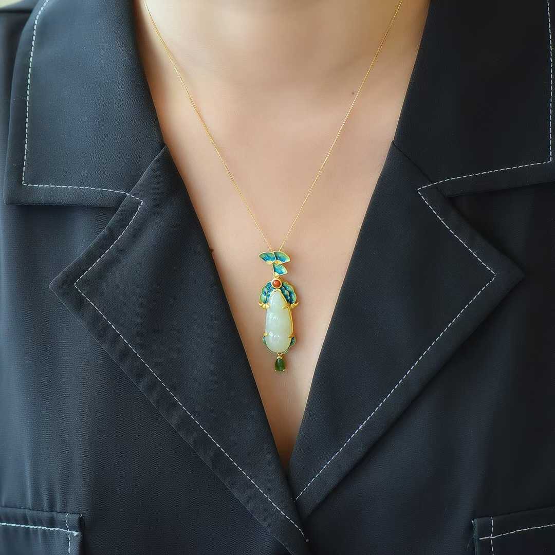 925 Silver - Inlaid Hetian Jade Pendant "May All Wishes Come True" - jewelry - weilin.com