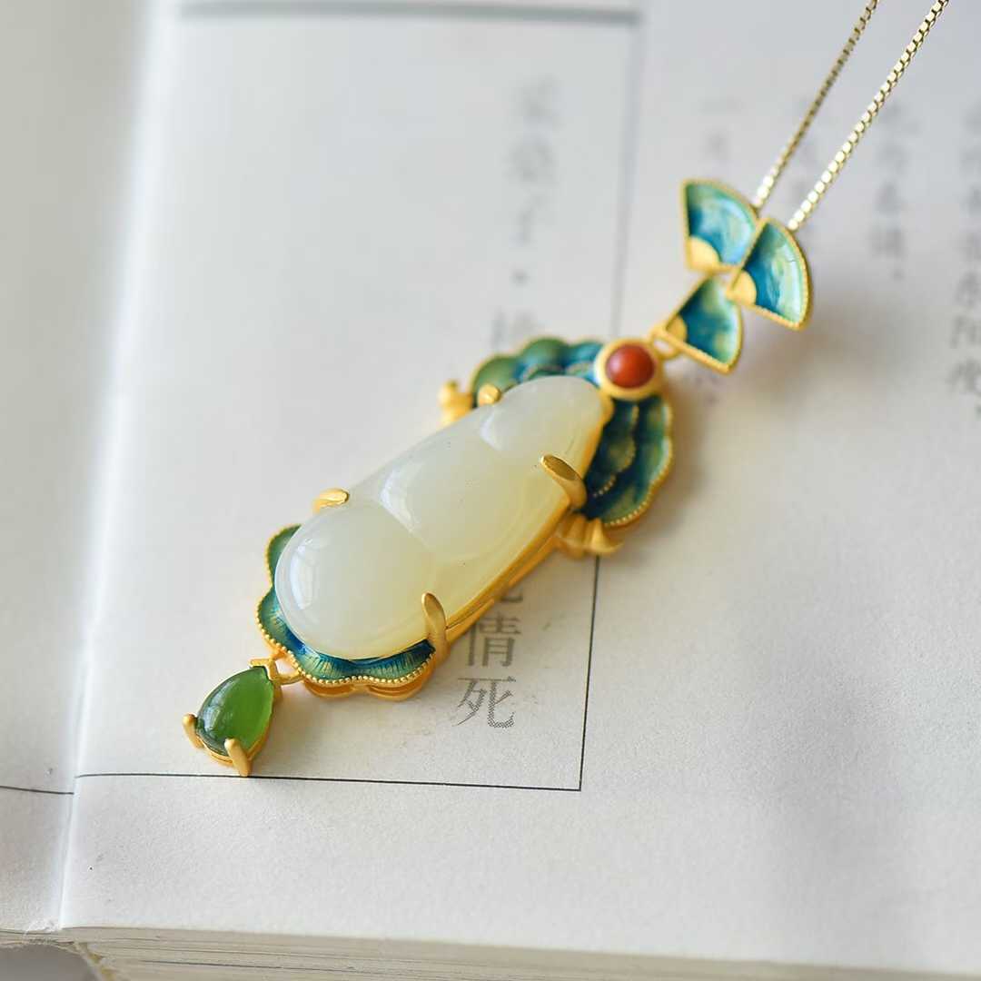 925 Silver - Inlaid Hetian Jade Pendant "May All Wishes Come True" - jewelry - weilin.com