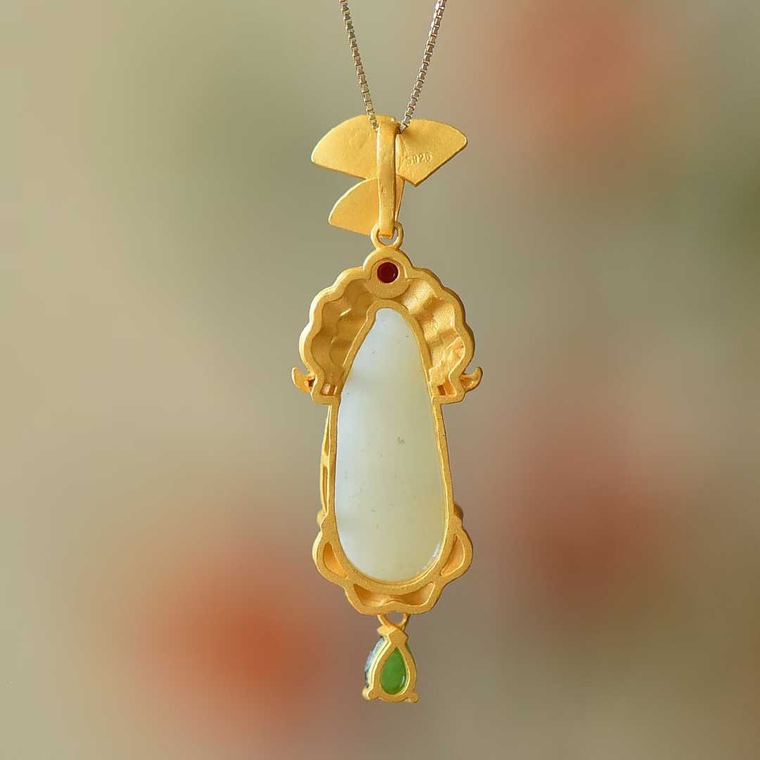 925 Silver - Inlaid Hetian Jade Pendant "May All Wishes Come True" - jewelry - weilin.com