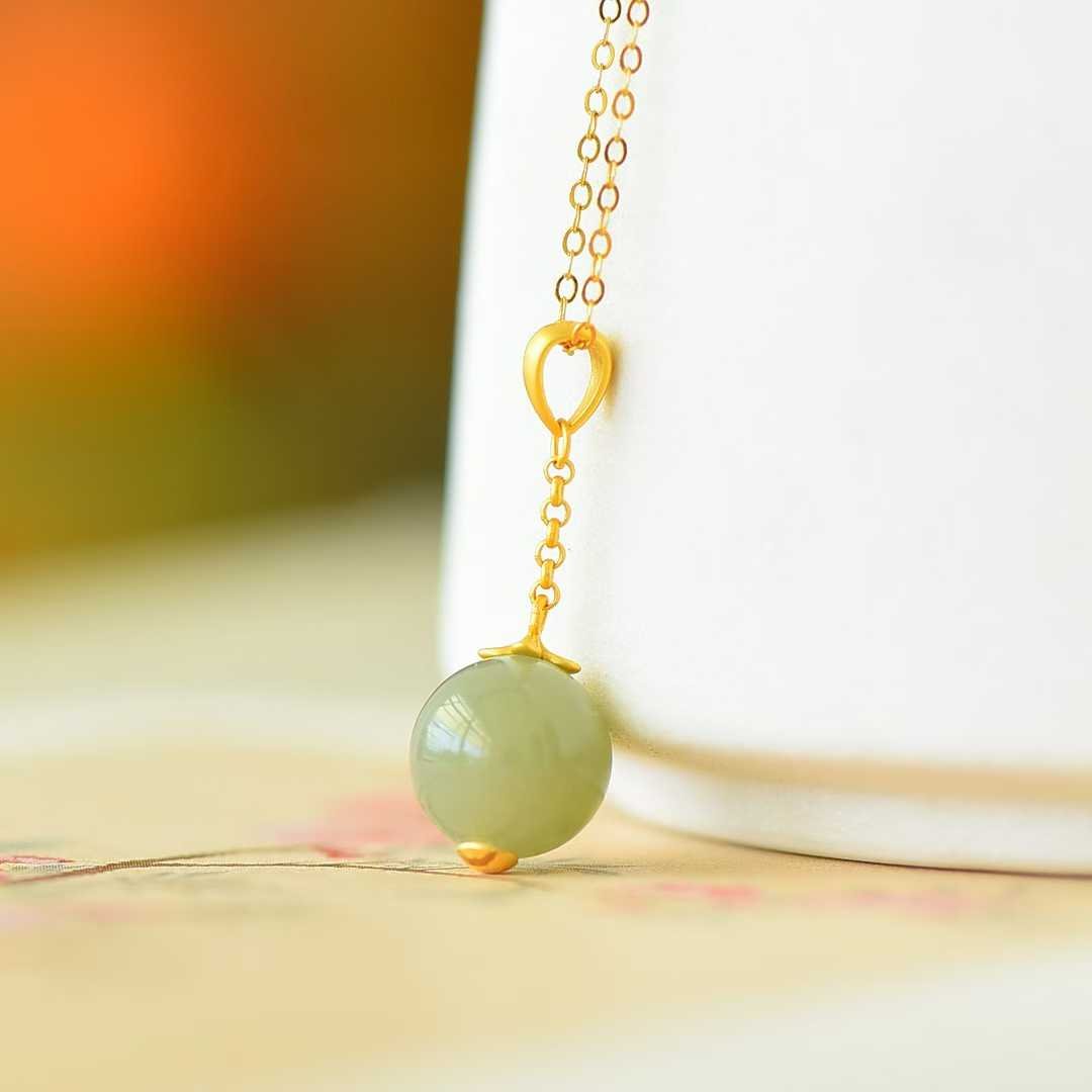 925 Silver - Inlaid Hetian Jade Pendant (Sunny Water Variety, 10mm Bead, Plain Silver Style) - jewelry - weilin.com