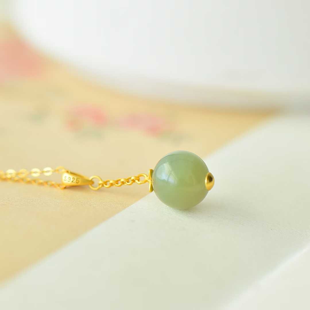 925 Silver - Inlaid Hetian Jade Pendant (Sunny Water Variety, 10mm Bead, Plain Silver Style) - jewelry - weilin.com