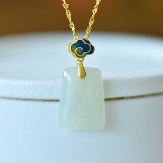 925 Silver - Inlaid Hetian Jade Pendant (Trapezoidal Peace Plaque, Auspicious Clouds & Ruyi Design) - jewelry - weilin.com