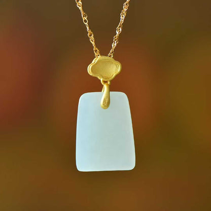 925 Silver - Inlaid Hetian Jade Pendant (Trapezoidal Peace Plaque, Auspicious Clouds & Ruyi Design) - jewelry - weilin.com