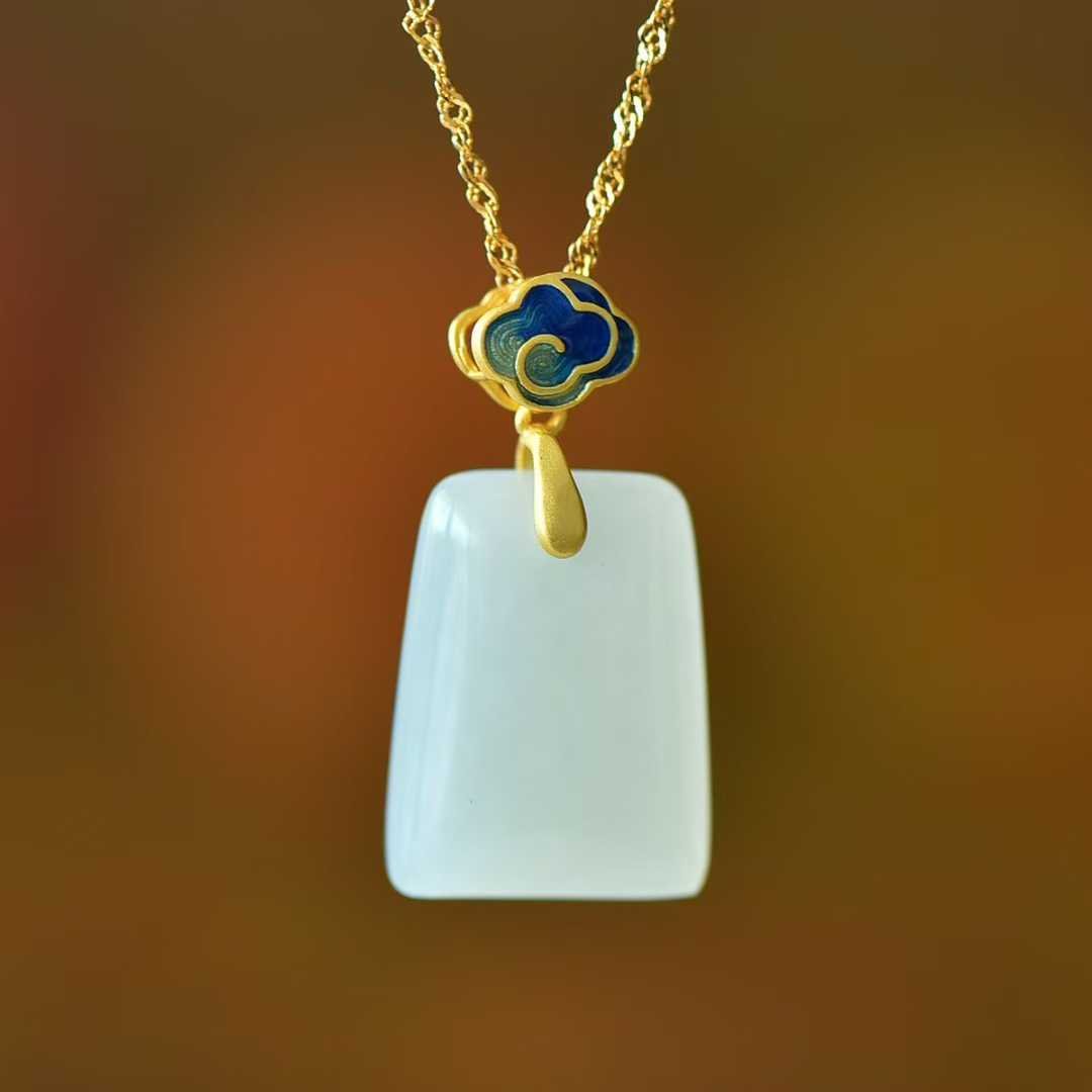 925 Silver - Inlaid Hetian Jade Pendant (Trapezoidal Peace Plaque, Auspicious Clouds & Ruyi Design) - jewelry - weilin.com