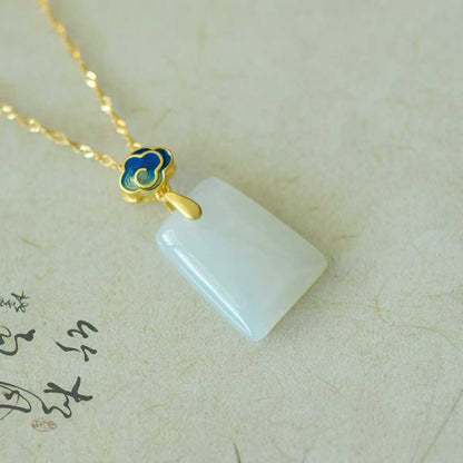 925 Silver - Inlaid Hetian Jade Pendant (Trapezoidal Peace Plaque, Auspicious Clouds & Ruyi Design) - jewelry - weilin.com