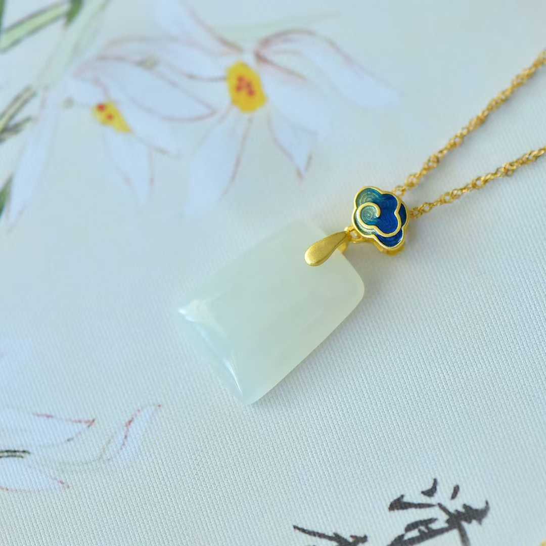 925 Silver - Inlaid Hetian Jade Pendant (Trapezoidal Peace Plaque, Auspicious Clouds & Ruyi Design) - jewelry - weilin.com