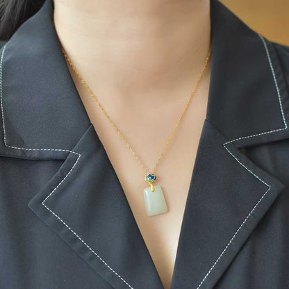 925 Silver - Inlaid Hetian Jade Pendant (Trapezoidal Peace Plaque, Auspicious Clouds & Ruyi Design) - jewelry - weilin.com
